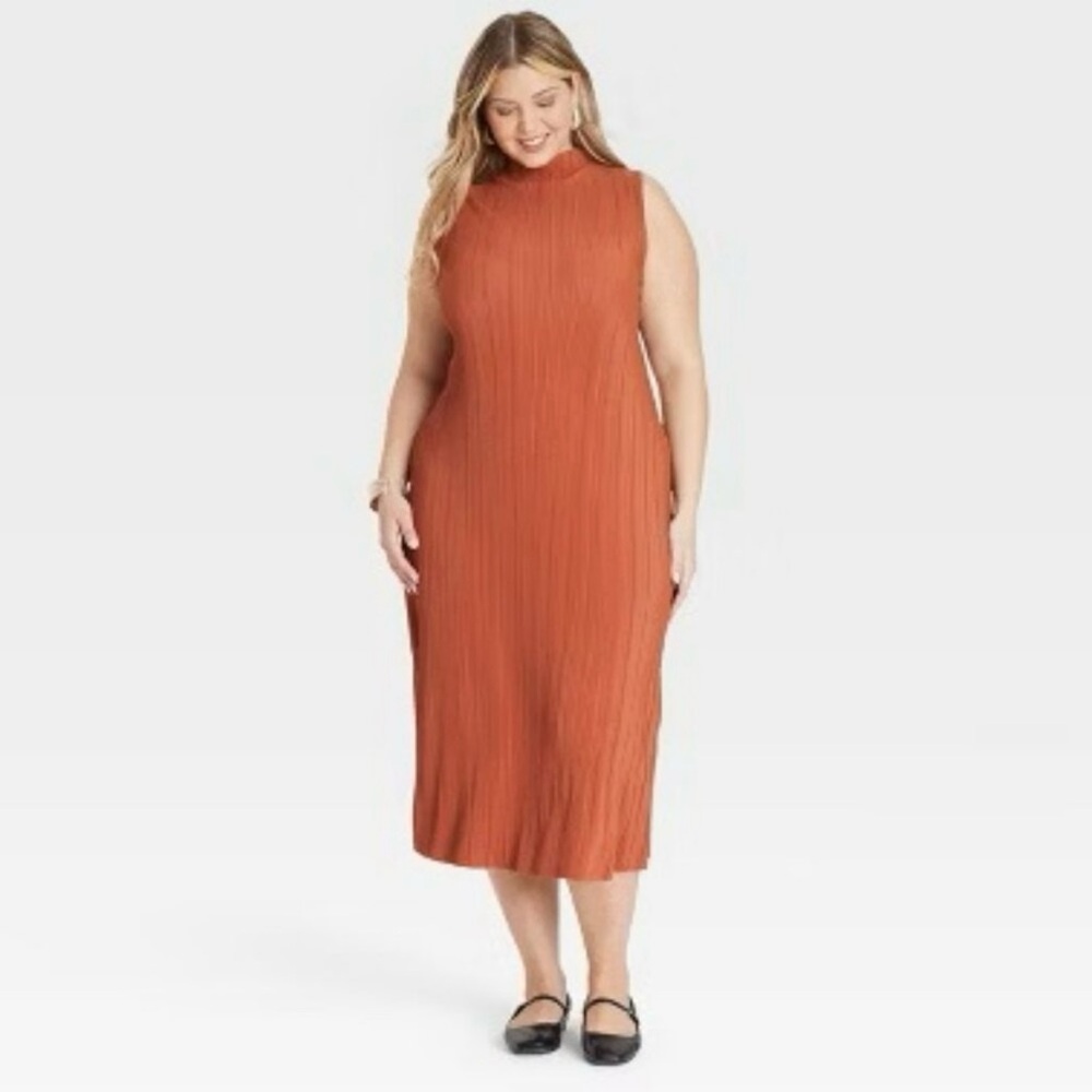 Ava & Viv Rust Crincled Midi Sheath Dress 3X